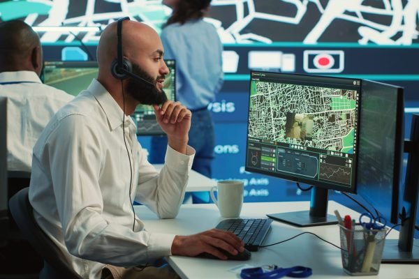 Middle eastern call center operator gives directions to the courier, avoid traffic by monitoring radar CCTV surveillance and a satellite city map. Employee helps with express delivery. Camera A.